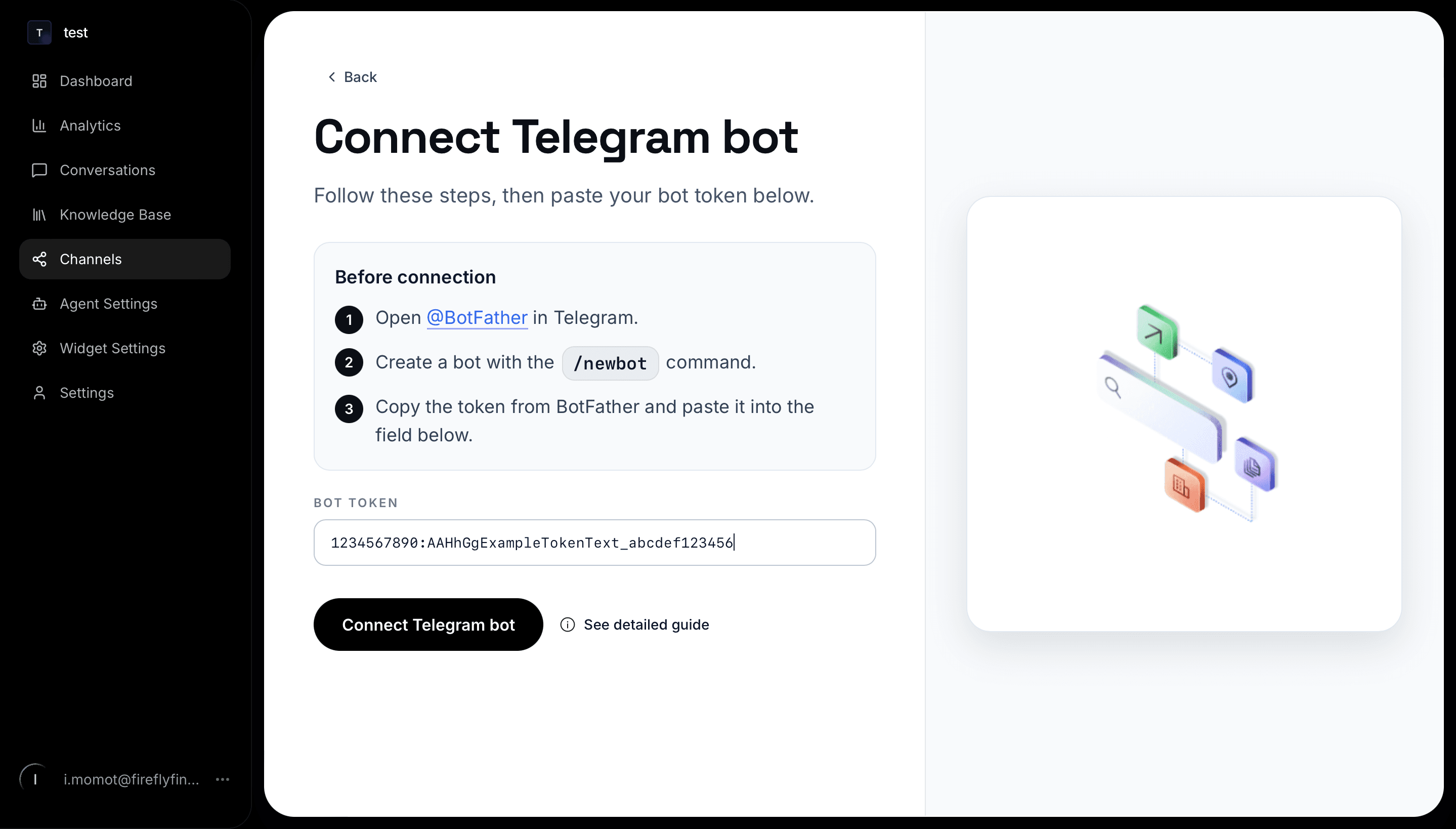 OneTwoAgent UI where Telegram bot token is pasted