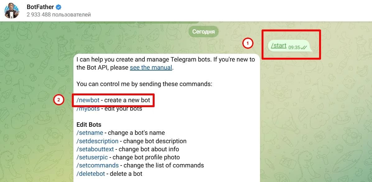 BotFather setup flow in Telegram